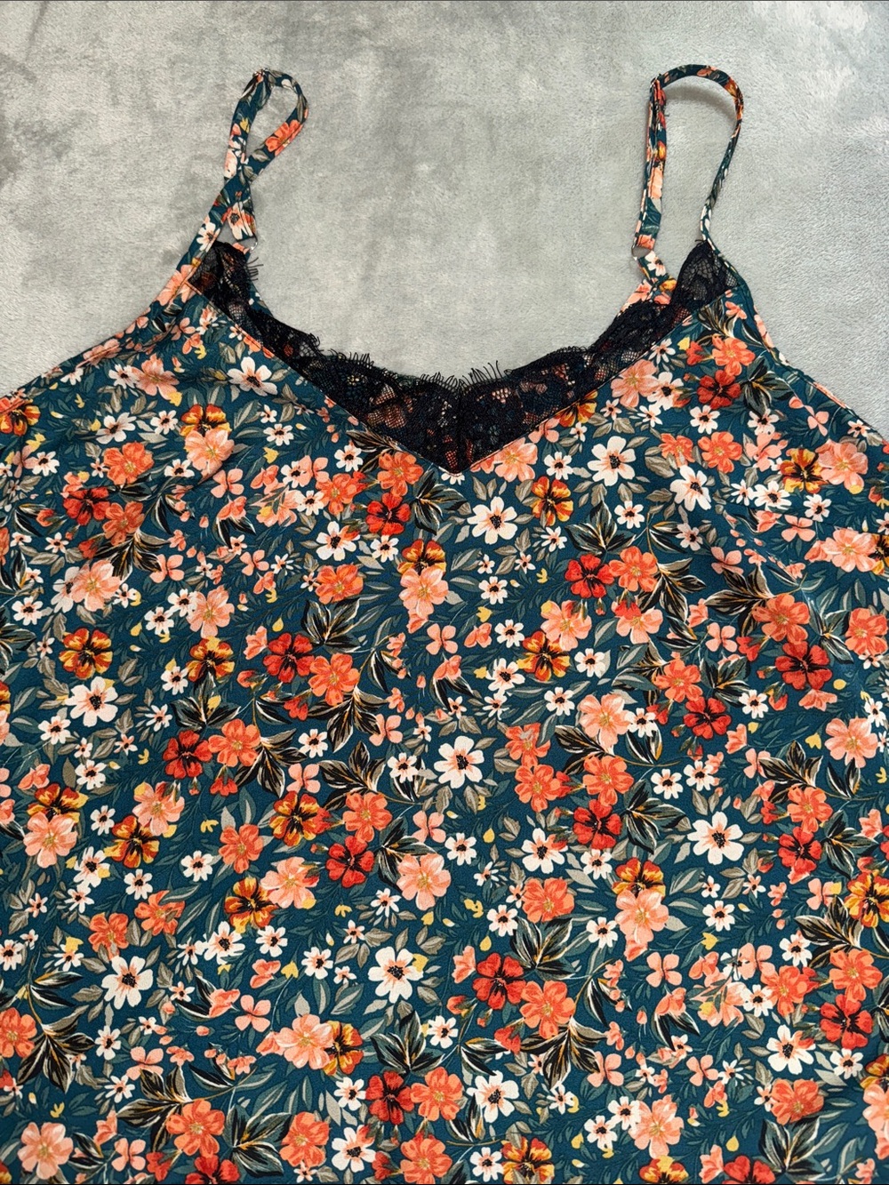 SHEIN Teal Floral Lace-Trim Cami with Coral & White Flowers